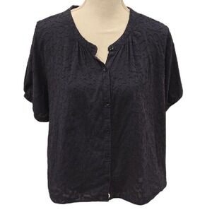 Splendid Navy Button-Up Women's Top Blouse Short Sleeve - Large 100% Cotton